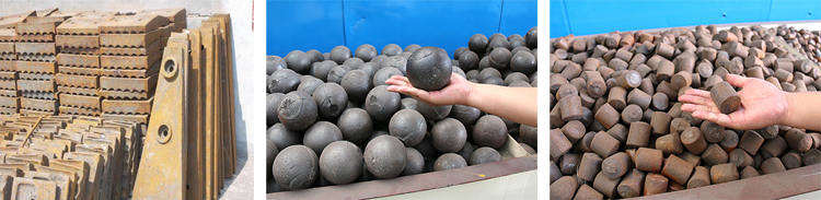 球磨機的易損件，左襯板，中鋼球，右鋼鍛